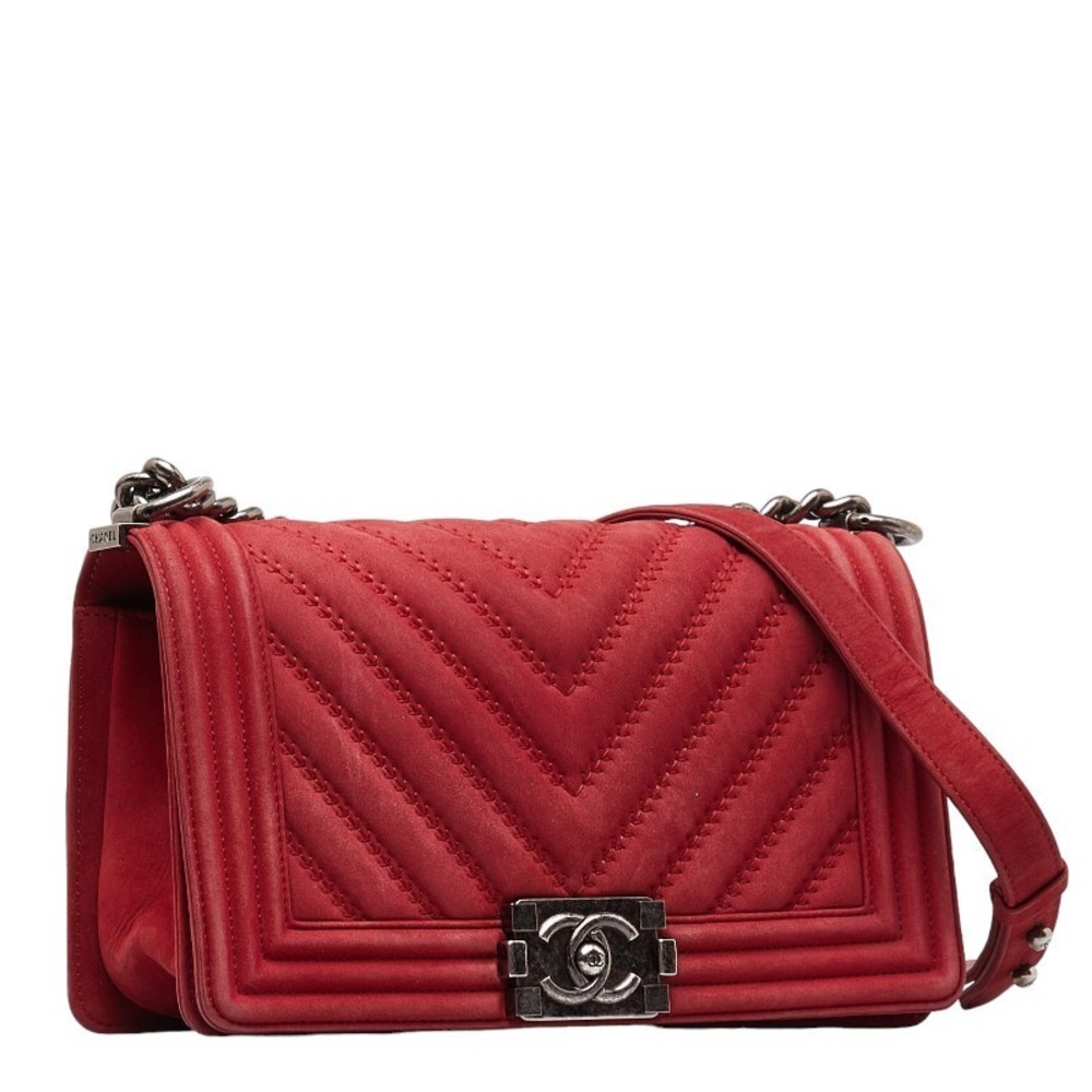 Chanel Red Boy Suede Mark Bag Coco Silver Chain